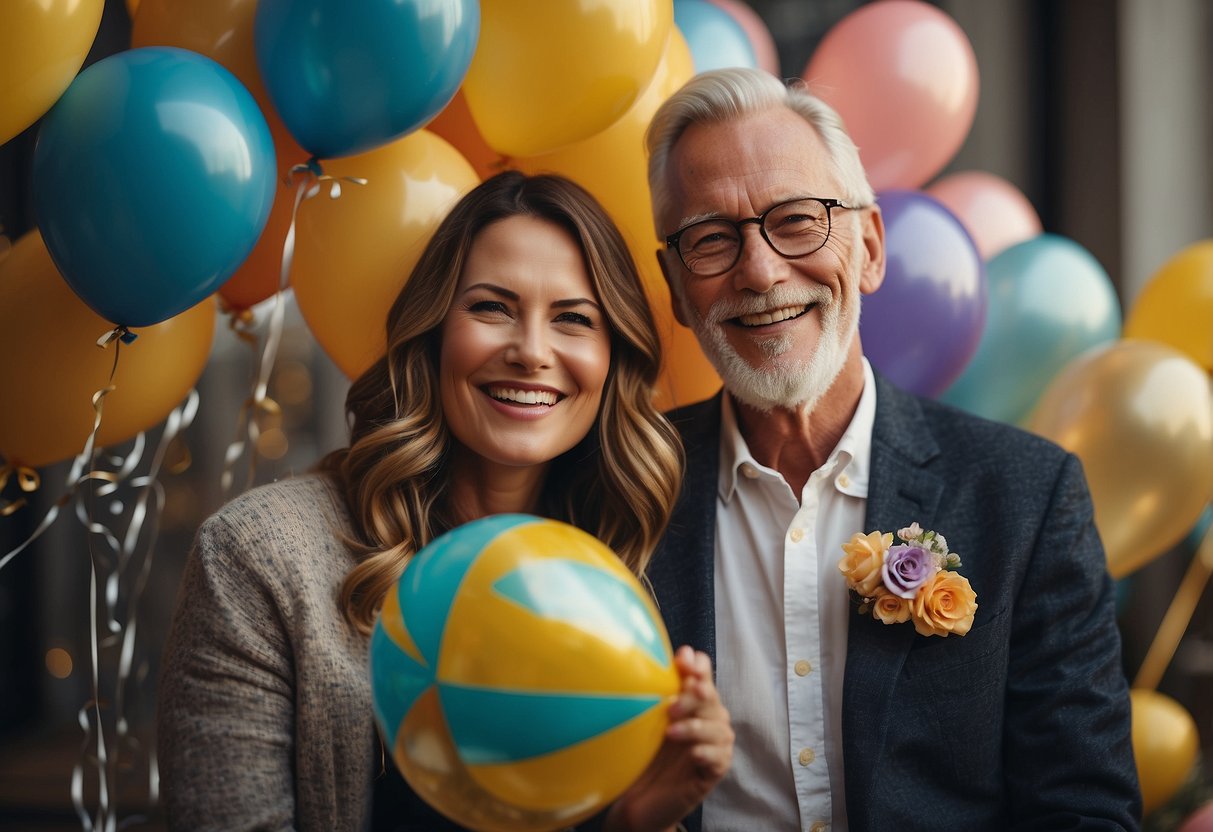 A happy couple celebrating 60 years with a new furry friend. Balloons, confetti, and a "Happy Anniversary" banner in the background