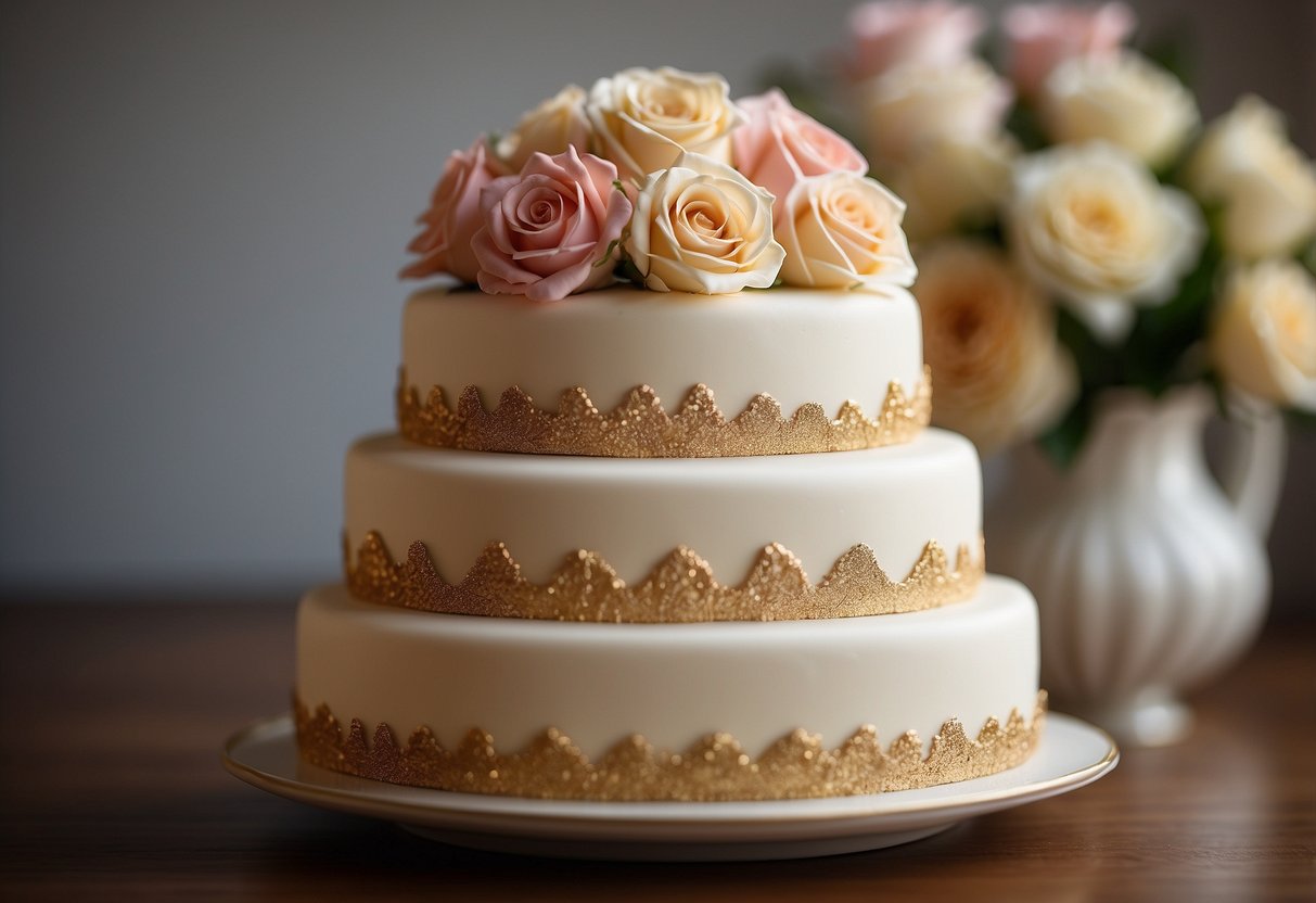 A three-tiered cake with vanilla and strawberry layers, adorned with delicate icing roses and gold accents. A "60th Anniversary" cake topper sits proudly on the top tier