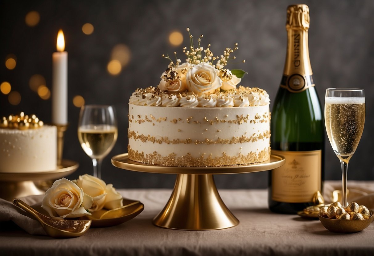 A tiered champagne cake adorned with gold accents and delicate floral decorations, surrounded by sparkling champagne glasses and a golden "60" cake topper