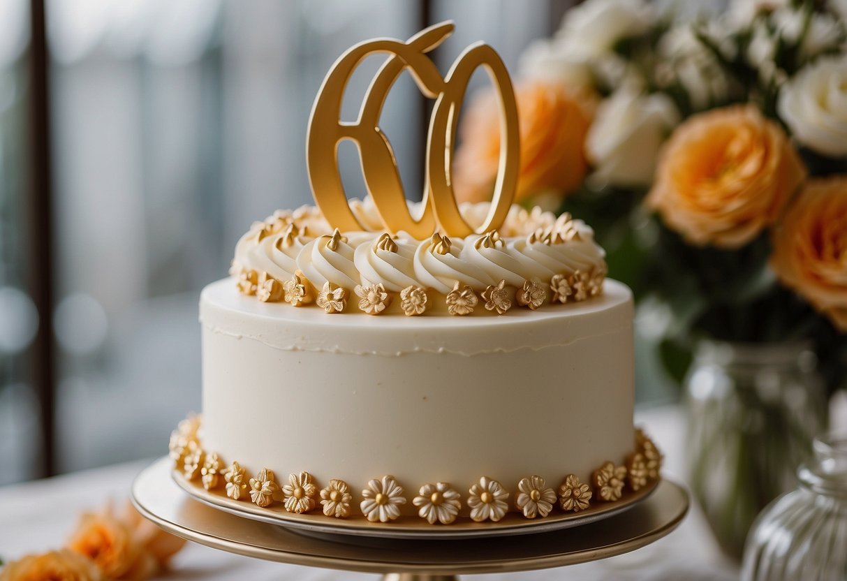 A beautifully decorated carrot cake with cream cheese frosting sits atop a silver cake stand, surrounded by delicate floral arrangements and a gold "60th Anniversary" cake topper