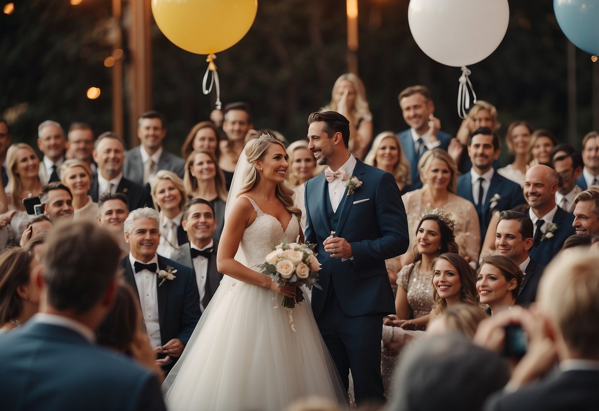 A bride and groom in themed costumes stand at a podium, surrounded by guests. The couple holds microphones, while a speech bubble with creative ideas hovers above them