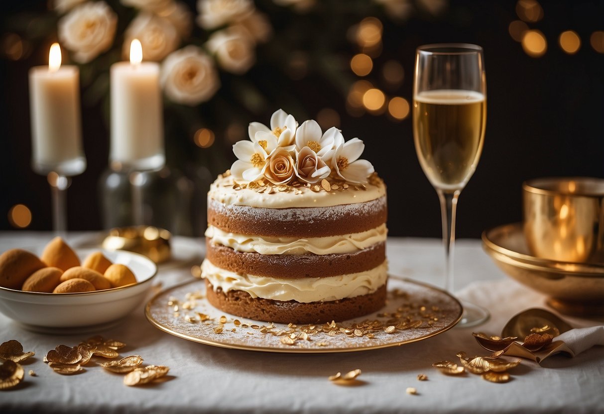 A three-tiered almond amaretto cake adorned with delicate sugar flowers and gold leaf accents, surrounded by vintage photos and a champagne toast