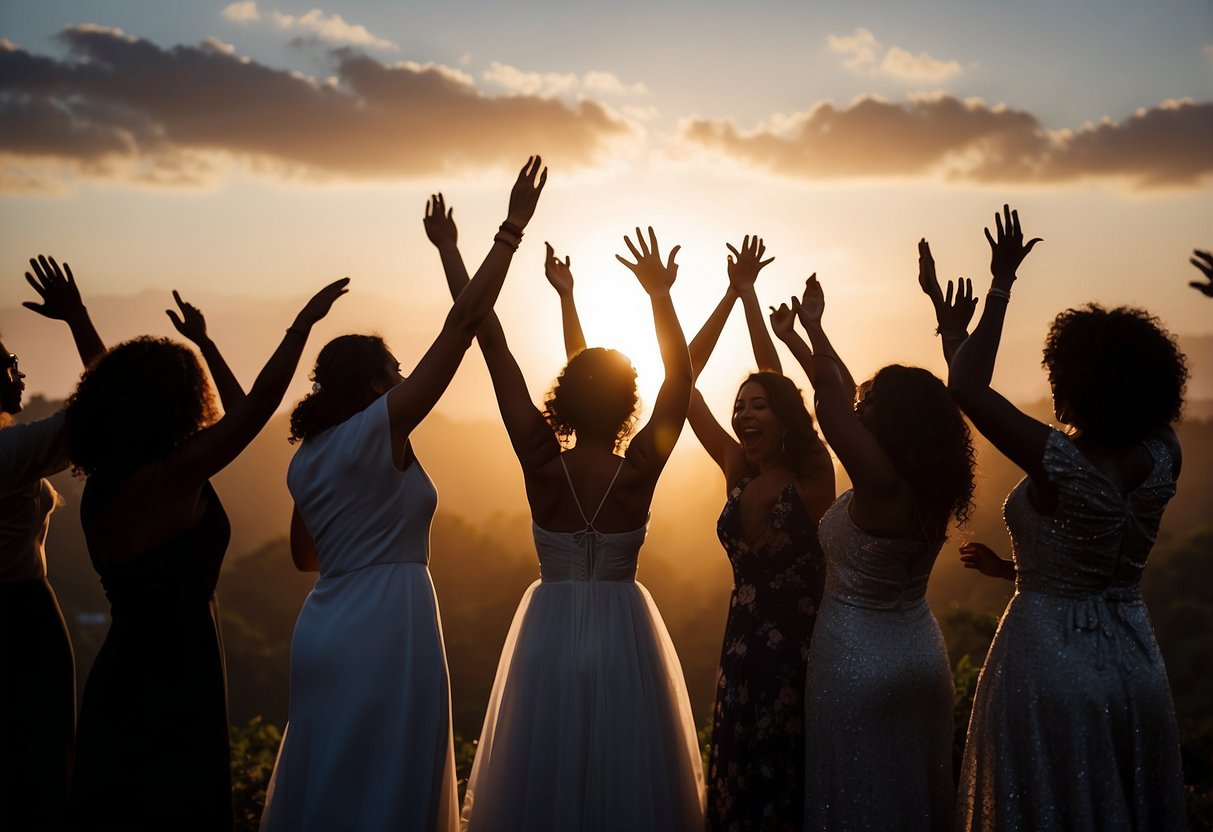 A circle of diverse silhouettes, arms raised, mouths open in joyful unity, as they chant a wedding blessing