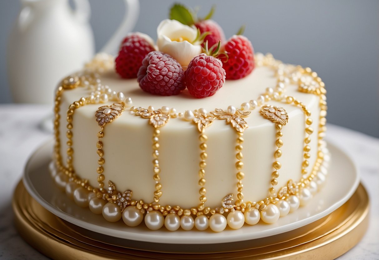 A three-tiered white chocolate raspberry cake adorned with delicate edible pearls and intricate floral designs, topped with a shimmering gold "60" to celebrate a 60th wedding anniversary