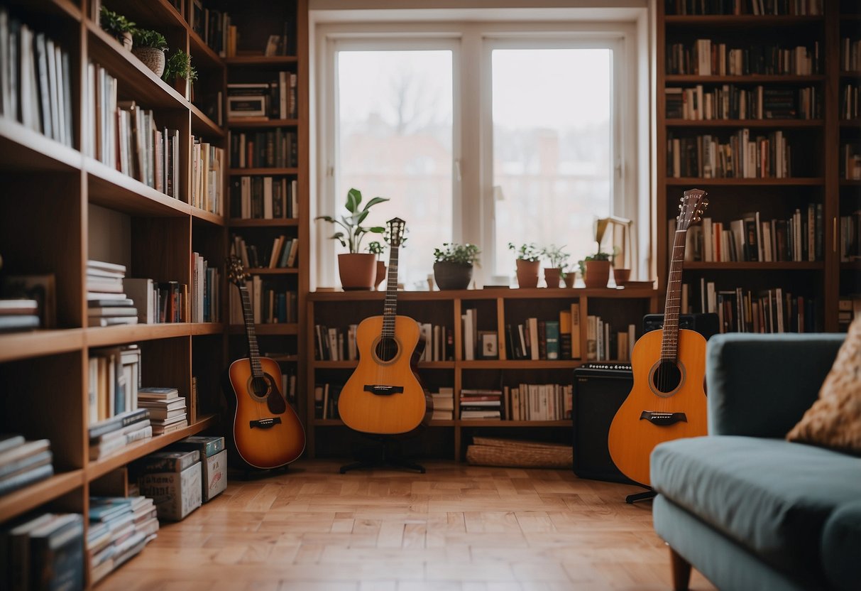 A cozy living room with shelves of books, a guitar on a stand, and a table covered in board games and puzzles