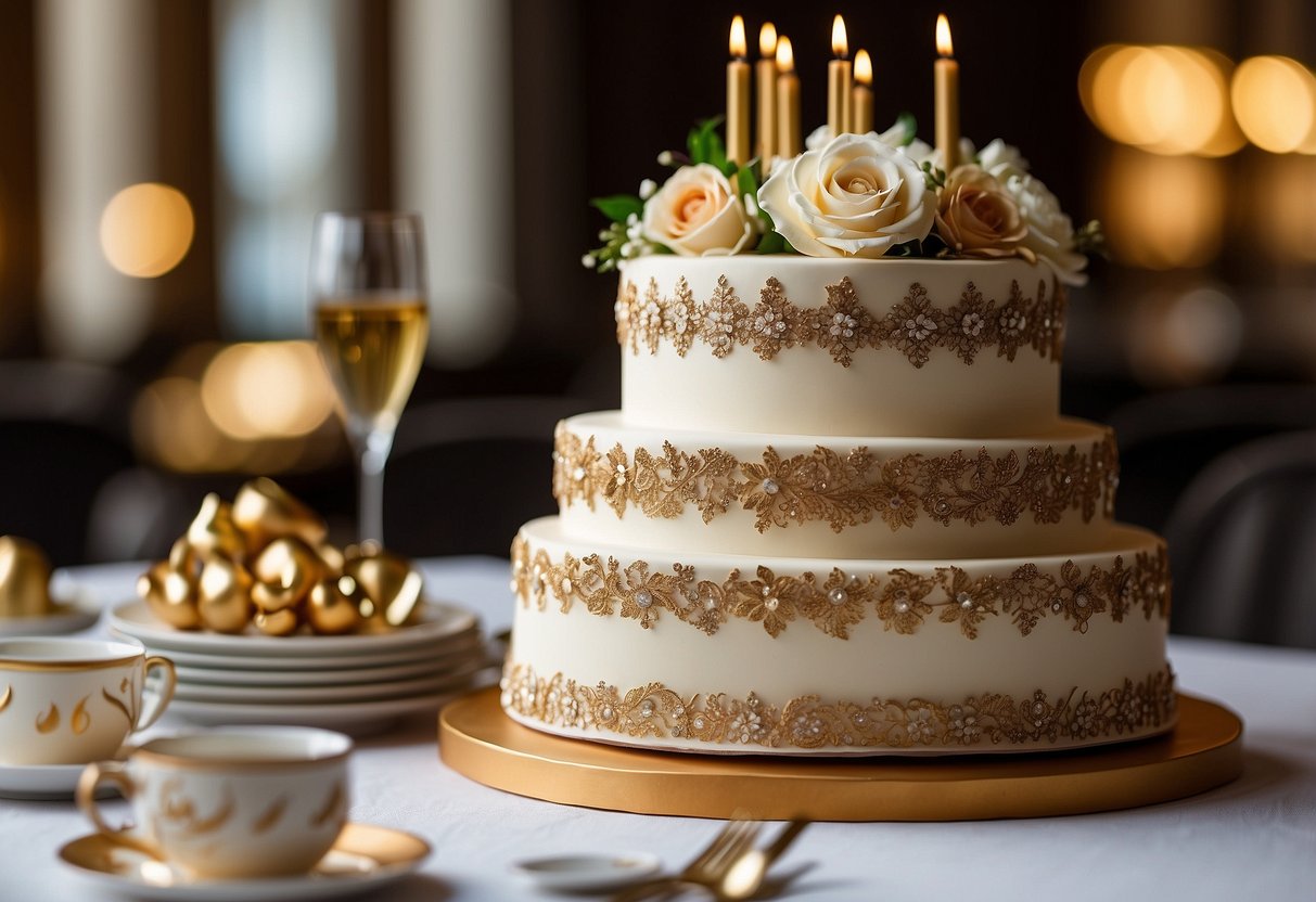 A three-tiered cake with mocha espresso flavor, adorned with golden 60th anniversary decorations and elegant floral accents