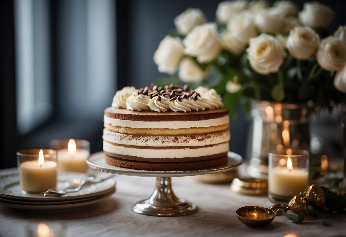 A beautifully decorated tiramisu cake sits on a silver cake stand, surrounded by delicate floral arrangements and elegant 60th anniversary decorations