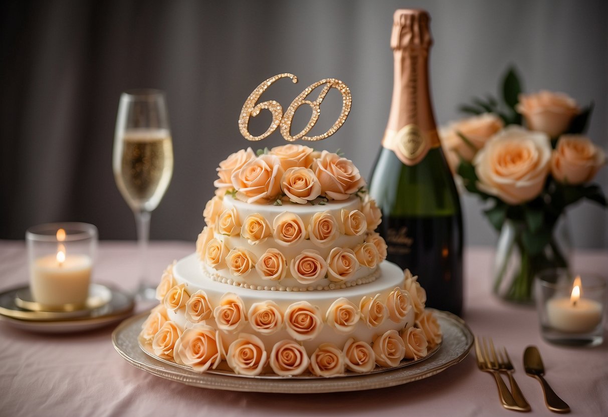 A tiered cake adorned with peach-colored roses and champagne glasses, with "60th Anniversary" written in elegant script on top