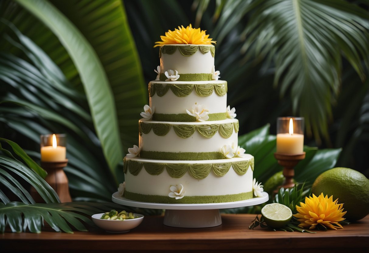 A three-tiered cake adorned with coconut and lime decorations, surrounded by tropical flowers and palm leaves