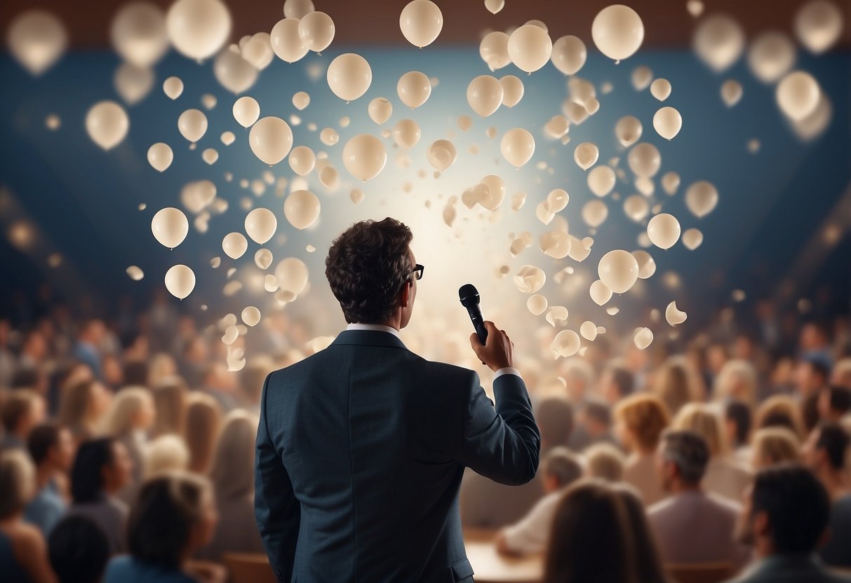 A person standing at a podium, surrounded by a crowd, holding a microphone, with speech bubbles containing creative wedding speech ideas floating above their head