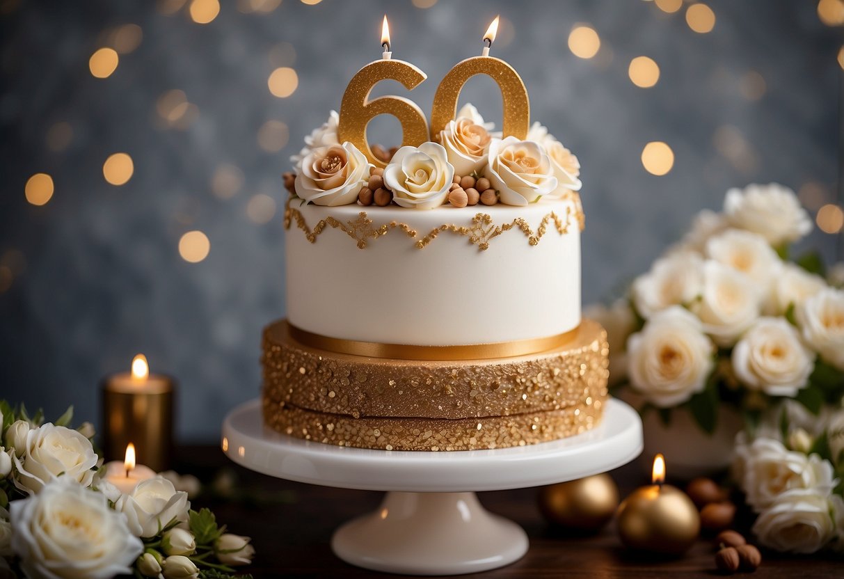 A three-tiered cake adorned with hazelnut praline and gold accents, surrounded by delicate sugar flowers and a sparkling "60th Anniversary" cake topper