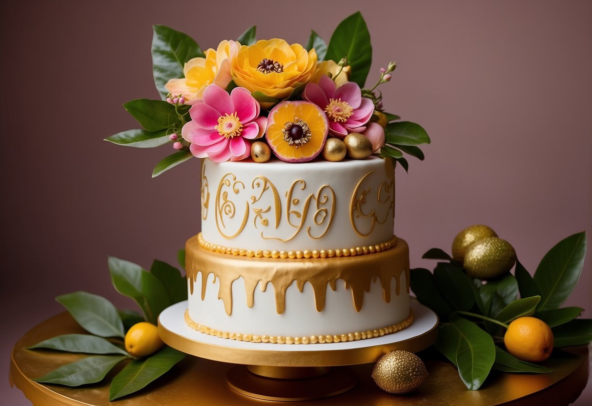 A three-tiered cake adorned with vibrant passion fruit flowers and golden 60th anniversary topper. Surrounding the cake are elegant gold accents and a backdrop of lush greenery