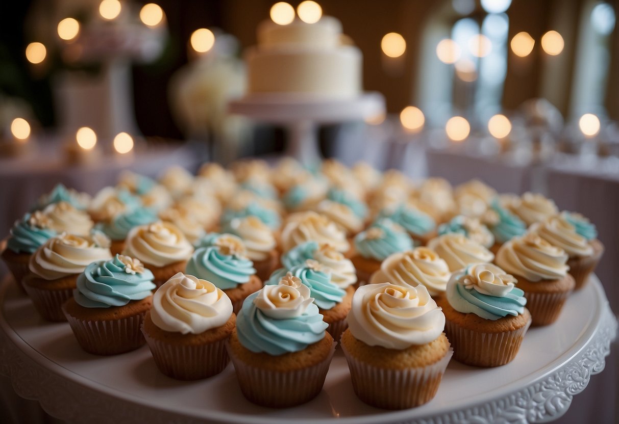 A table adorned with a variety of beautifully decorated wedding cupcakes, each topped with delicate frosting and elegant decorations