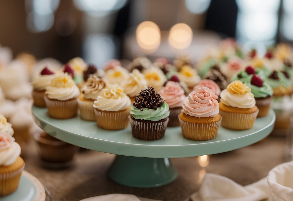 A table displays a variety of mini cupcakes, neatly arranged for a wedding. Each cupcake is adorned with delicate toppings and presented with portion control in mind