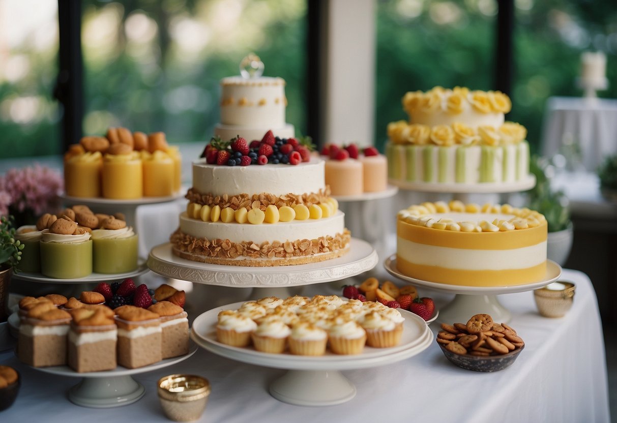 A table displays a variety of flavors next to a wedding cake. A sign reads "Choose flavors that complement the wedding cake."