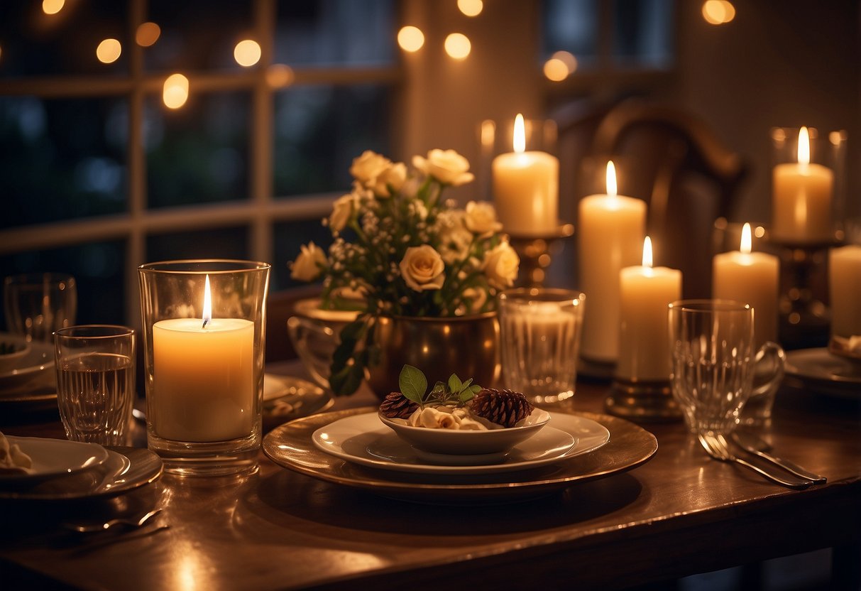 A cozy candlelit dinner with a table set for two, surrounded by photos and memorabilia from the past 20 years