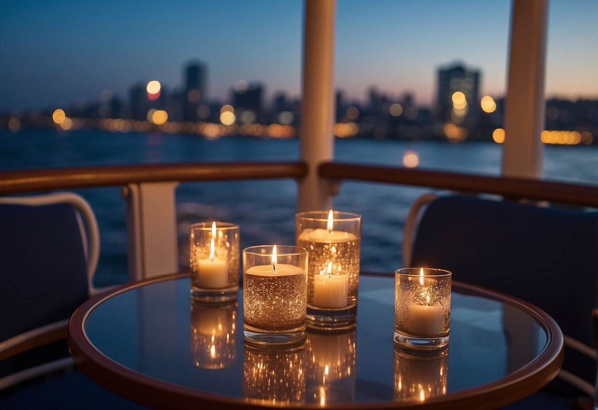 A candlelit table on a sleek boat deck, surrounded by sparkling city lights reflected on the water. A soft breeze carries the sound of gentle waves and distant music