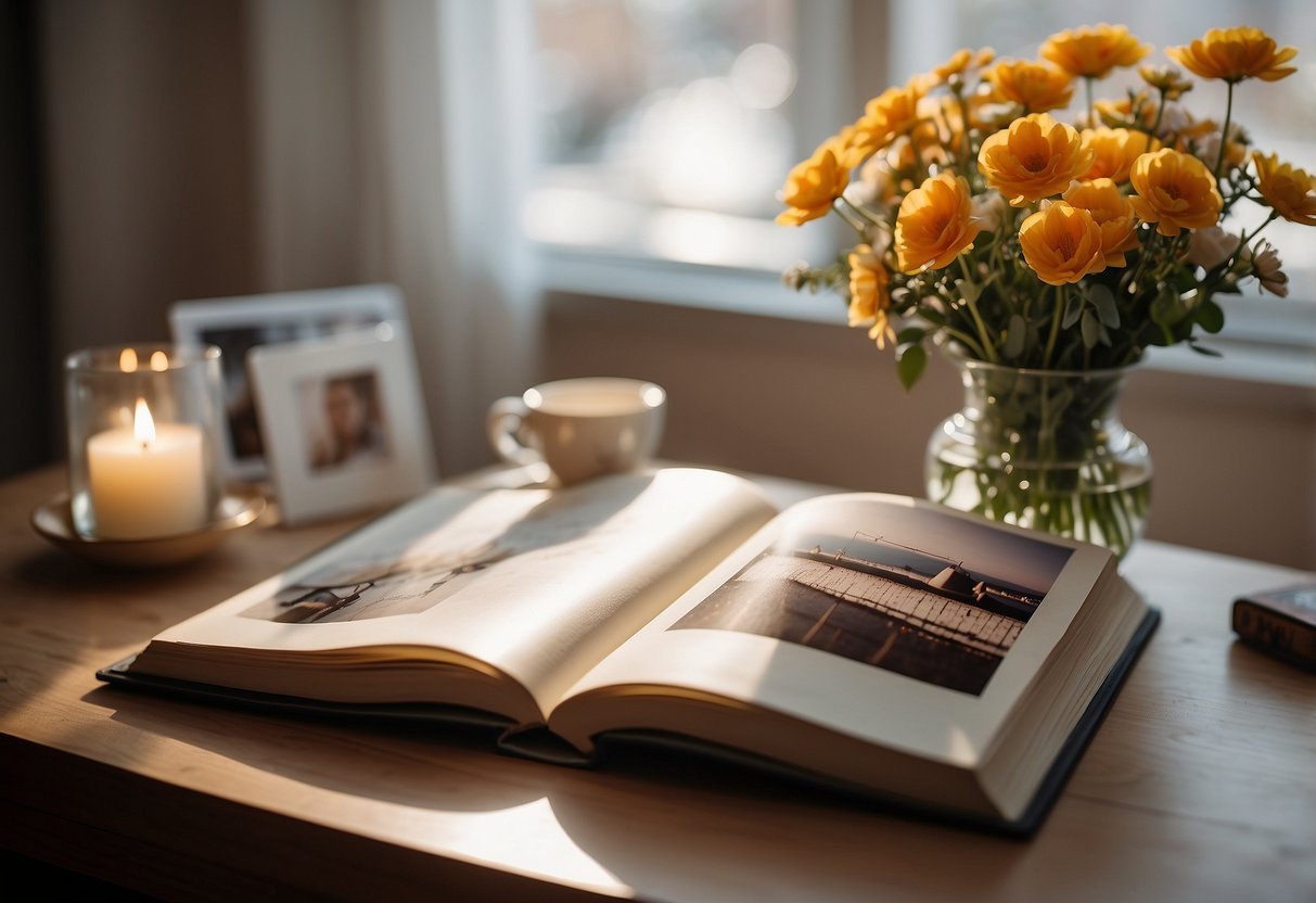 A photo album open on a table, filled with pictures of a couple's 20-year journey together. A vase of flowers sits nearby, casting a soft glow on the cherished memories