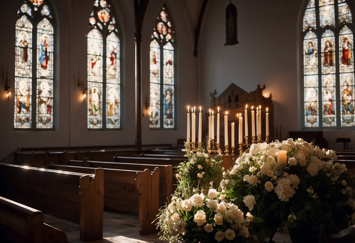 A quaint church adorned with flowers and candles, a white aisle leading to an altar with a cross. Sunlight streaming through stained glass windows