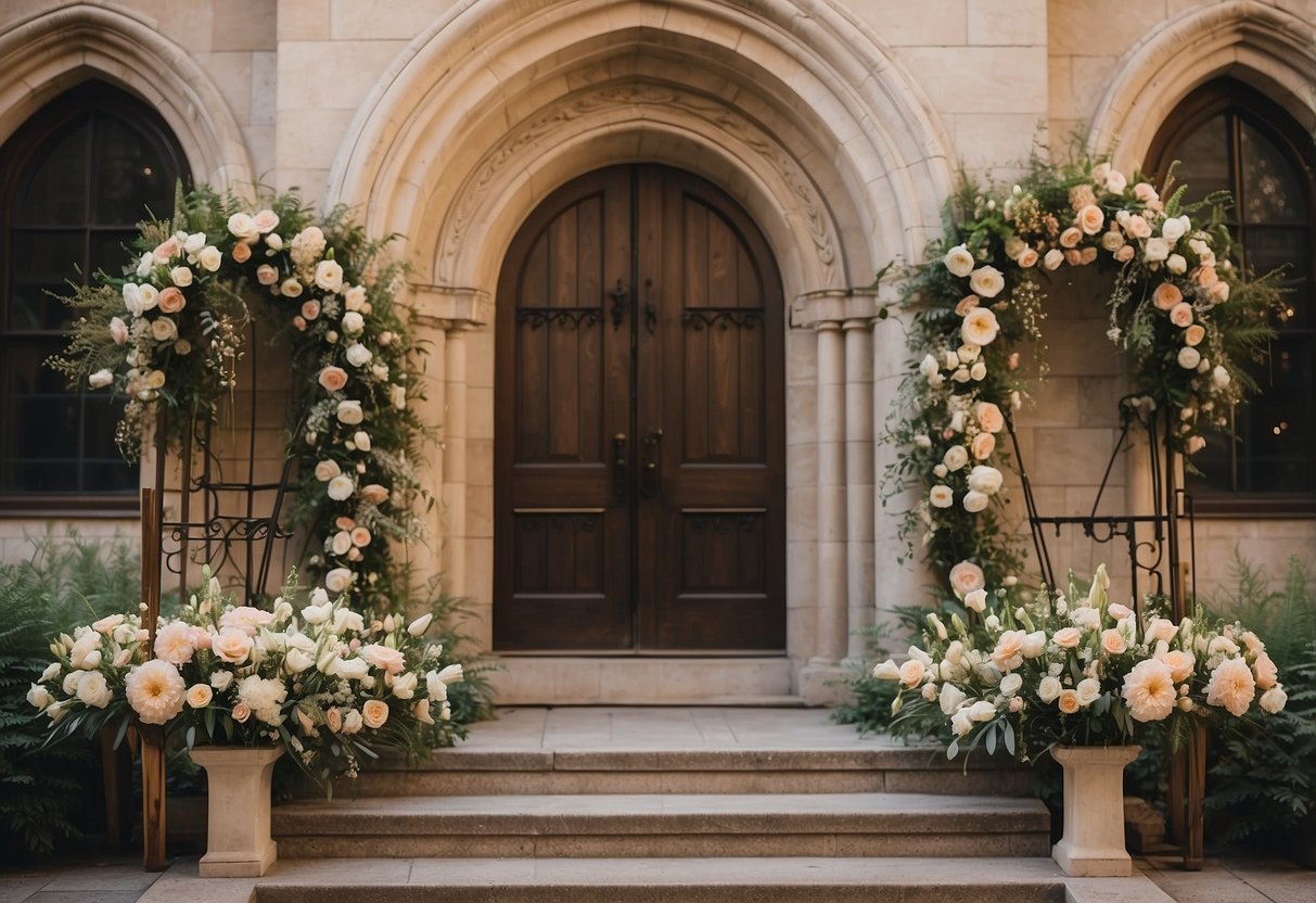 A quaint church with open doors, adorned with floral wreaths and ribbons. A table displays handmade invitations, featuring elegant calligraphy and delicate designs