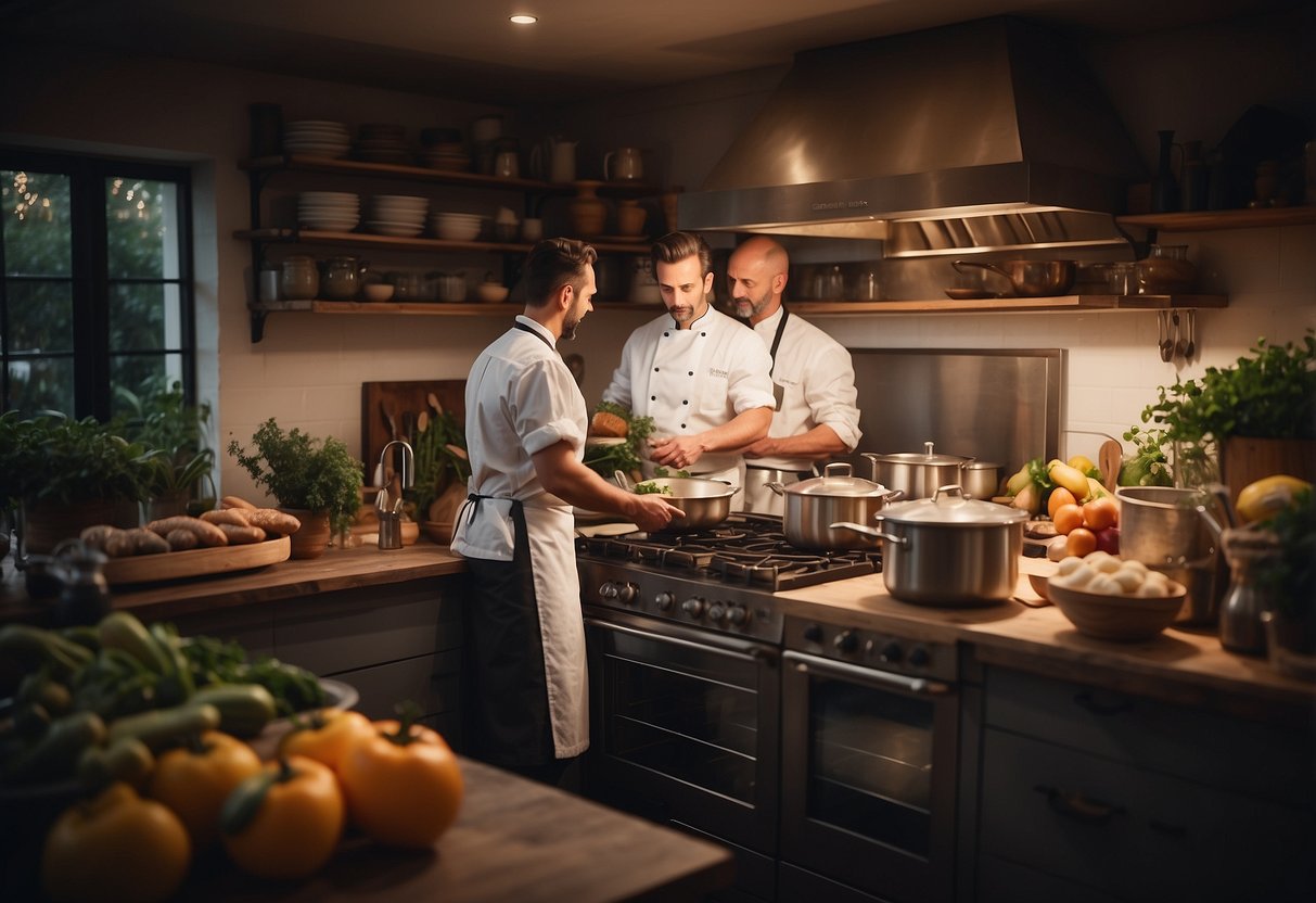 A cozy kitchen with two chefs at a stove, surrounded by pots, pans, and fresh ingredients. A warm, inviting atmosphere with a hint of romance