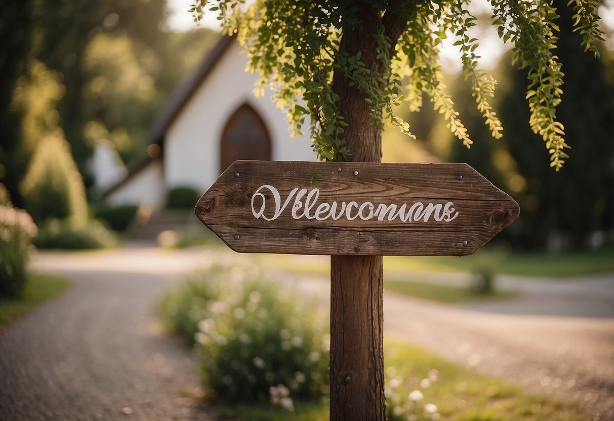 A quaint wooden sign hangs from a rustic post, welcoming guests to a charming church wedding