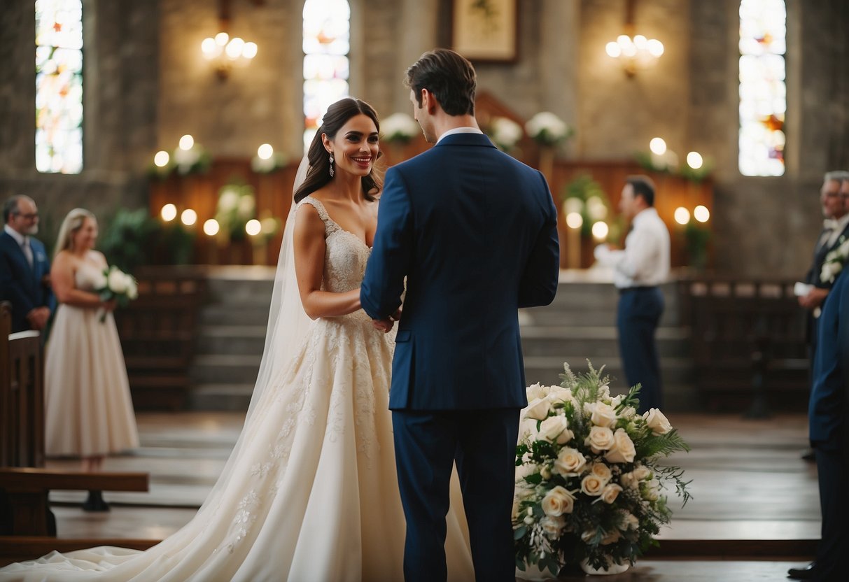 A bride and groom exchanging personalized thank-you notes at the altar of a church wedding