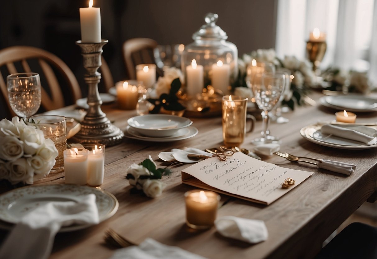 A table scattered with handwritten love letters, surrounded by 20th wedding anniversary memorabilia and decorations