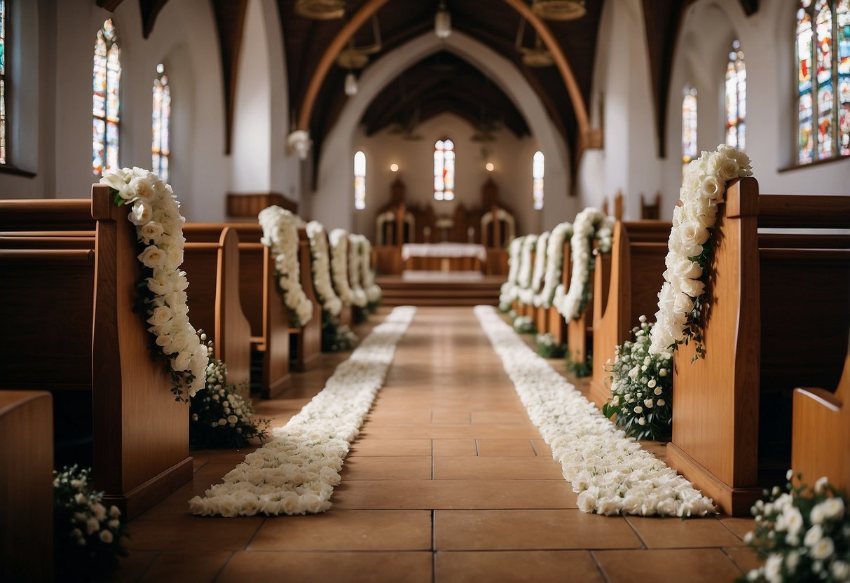 A church aisle lined with white floral runners, leading towards the altar