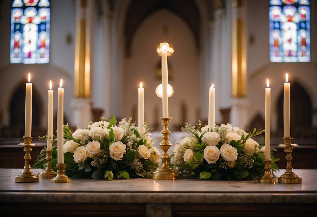 A pair of elegant unity candle sets sit on a beautifully decorated altar in a grand church, surrounded by fresh flowers and soft candlelight