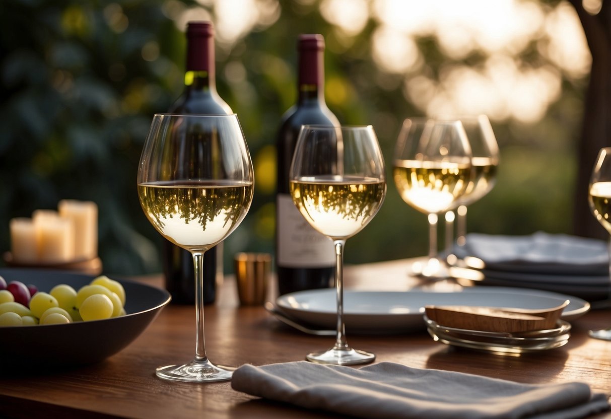 A table set with various wine bottles, glasses, and tasting notes. Soft lighting and elegant decor create a romantic ambiance for a private wine tasting session