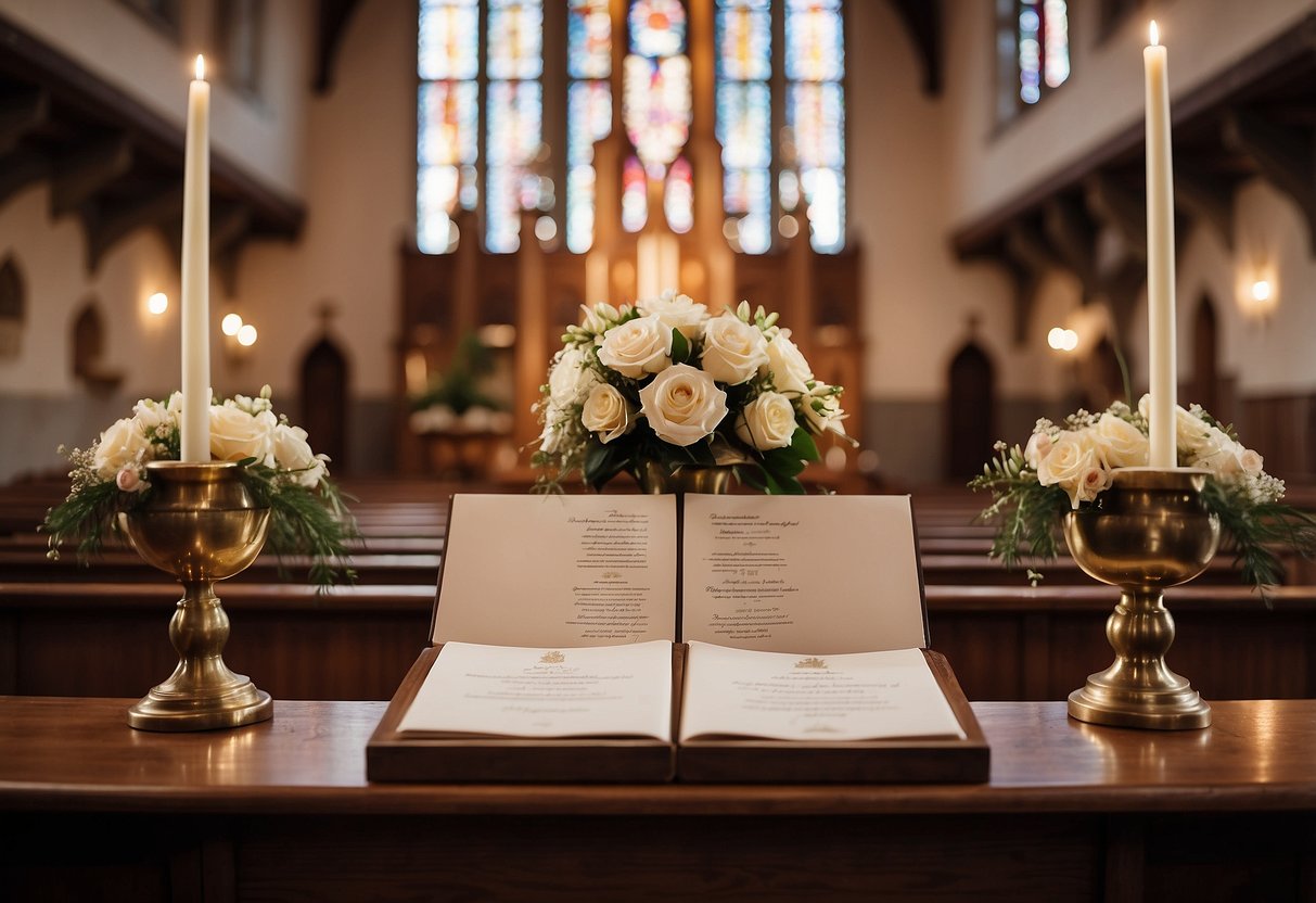 A beautifully decorated church altar with personalized wedding programs displayed on each pew