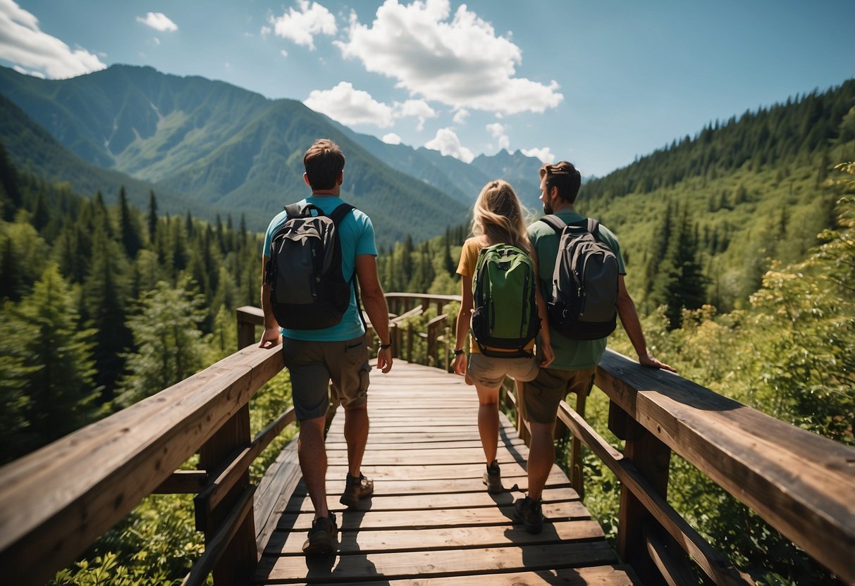 A couple hiking through a lush forest, crossing a wooden bridge over a rushing river, with mountains in the distance and a bright blue sky above