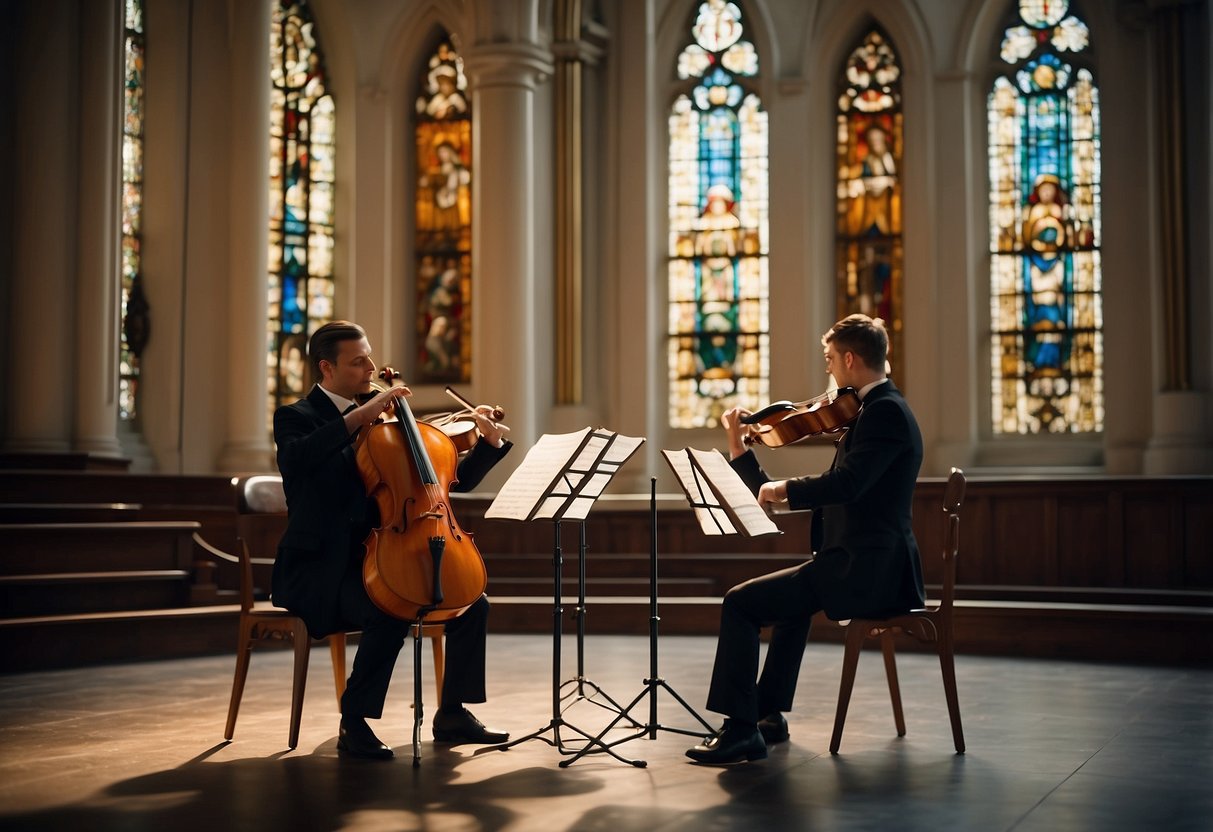 A string quartet performs in a church, with elegant music stands and instruments set against a backdrop of stained glass windows and ornate architecture