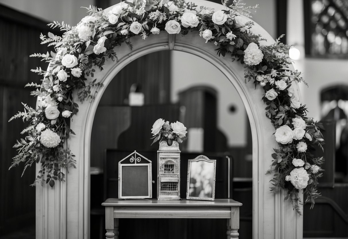 A vintage photo booth sits in a corner of a charming church wedding, adorned with lace and flowers, inviting guests to capture memories in black and white