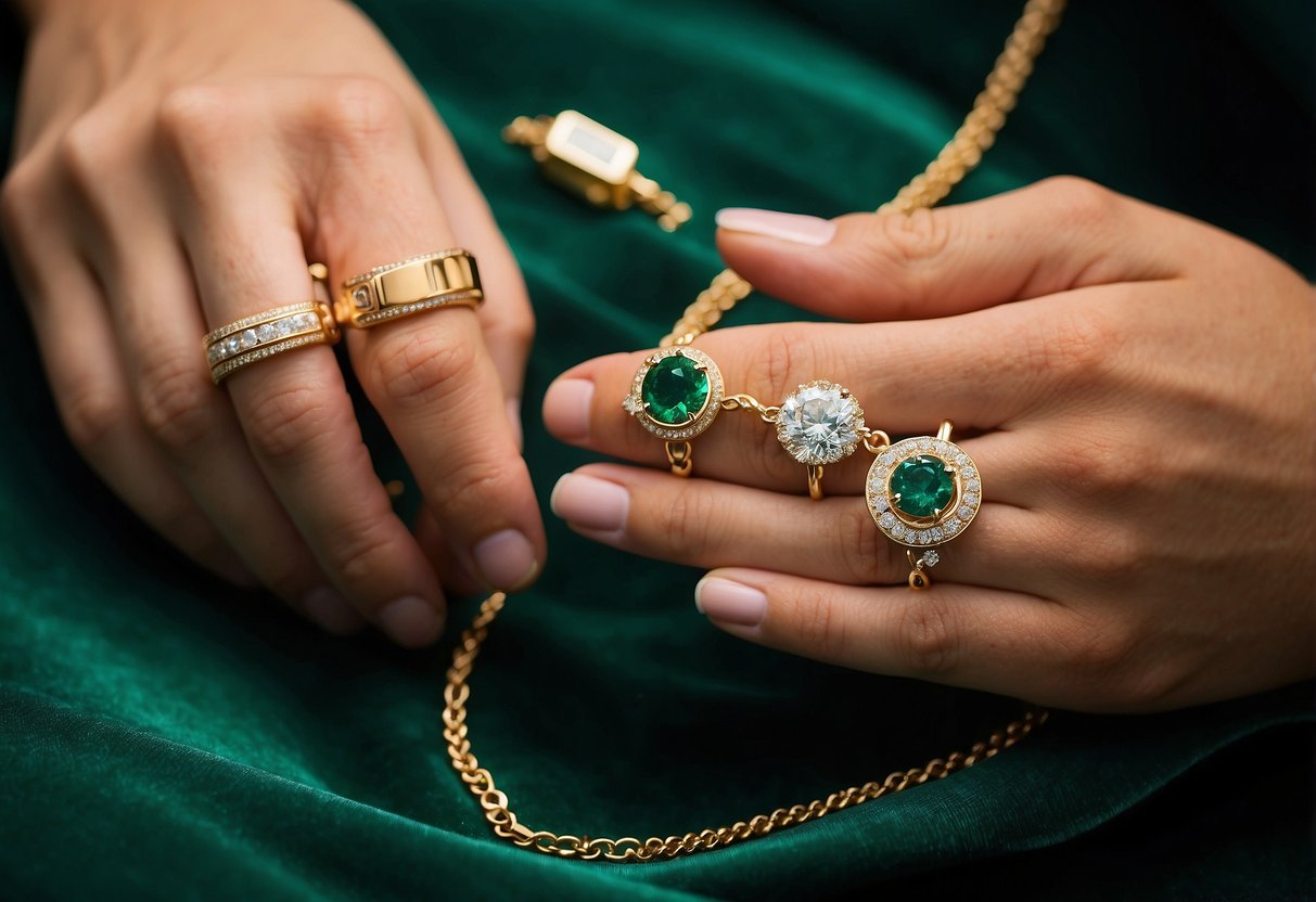 A couple's names engraved on a gold necklace, surrounded by emerald and platinum accents. A diamond-studded bracelet with the couple's anniversary date