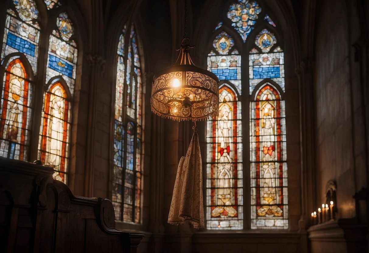 A lace gown hangs on a vintage wooden hanger in a sunlit church vestibule, surrounded by stained glass windows and flickering candlelight