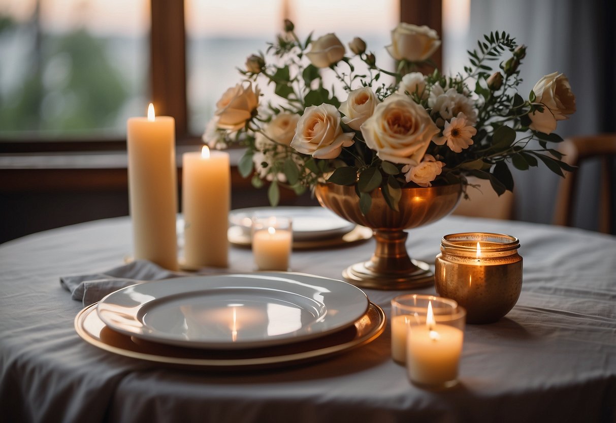 A table set with candles and flowers, a love song playlist playing in the background, and a framed wedding photo on the wall