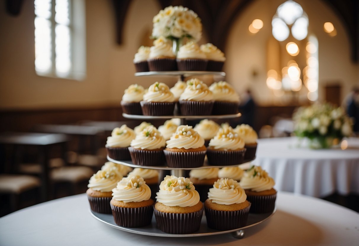 A display of buttercream cupcakes arranged on a tiered stand, with delicate floral decorations, set in a charming church wedding reception