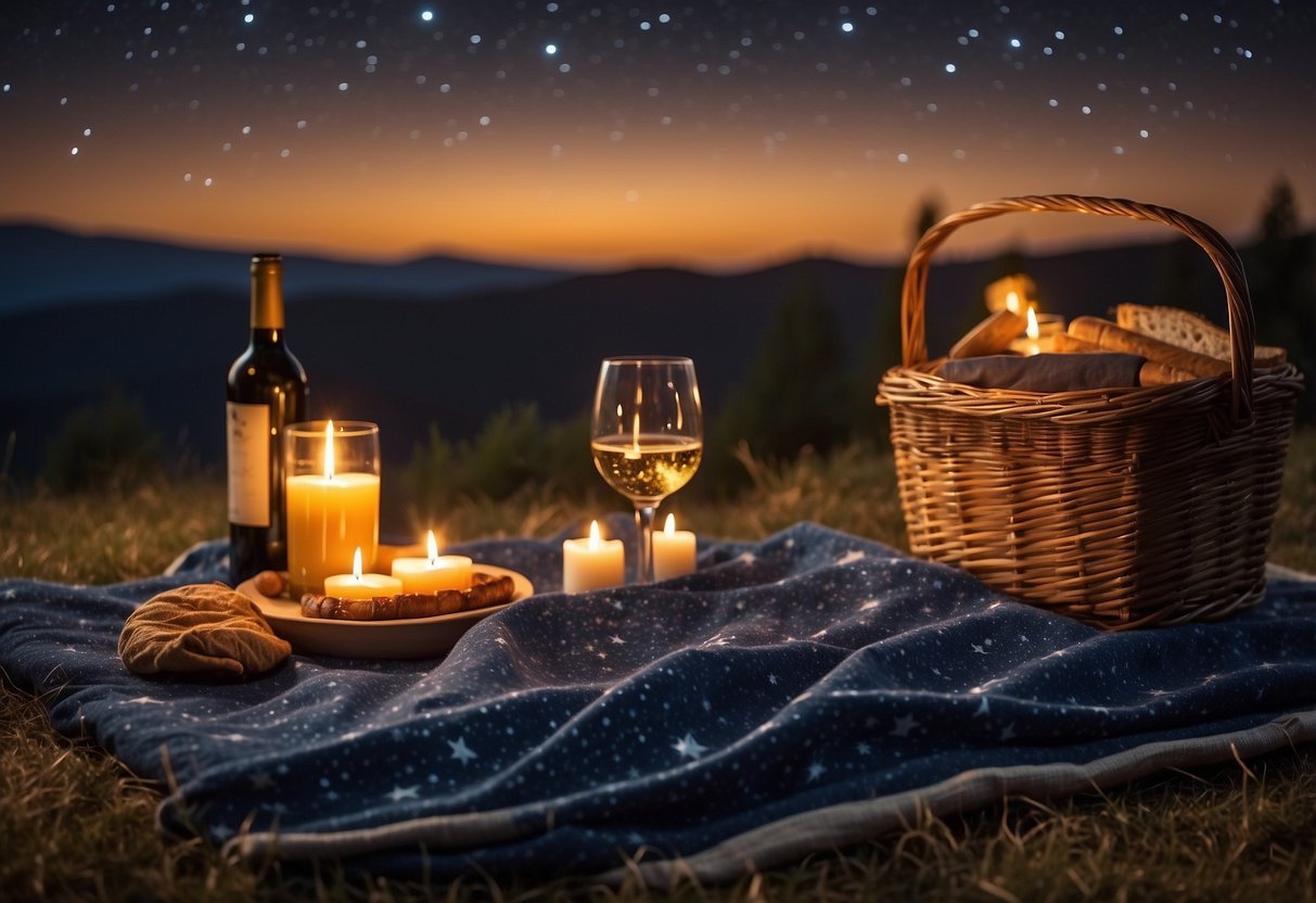 A cozy blanket spread under a starry sky, with a picnic basket, wine glasses, and candles. A telescope and a constellation map lie nearby