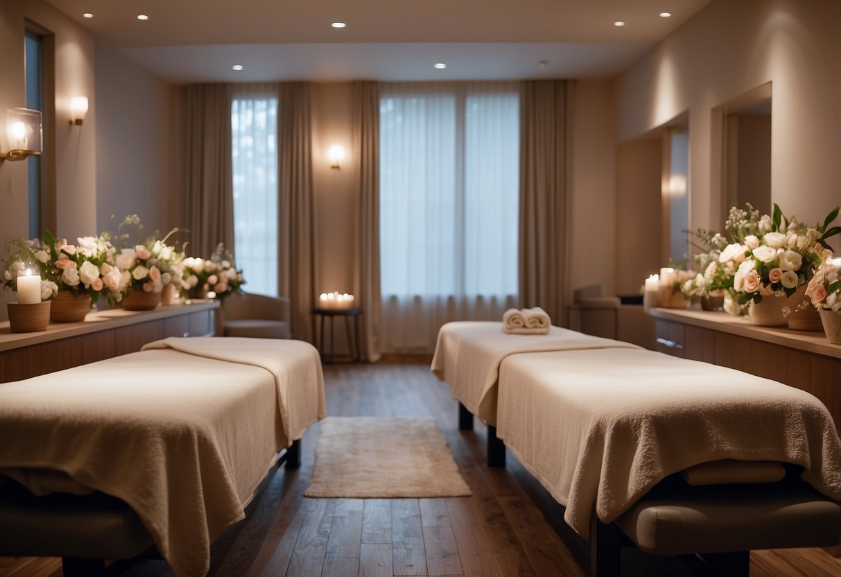 A serene spa room with two massage tables adorned with fresh flowers and soft lighting, creating a peaceful and romantic atmosphere for a couple's massage