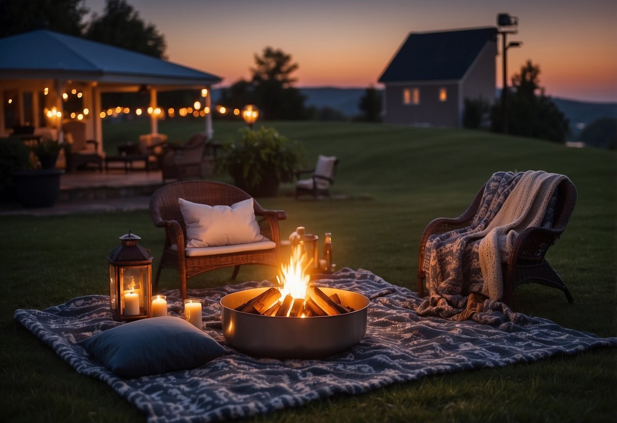 A cozy blanket spread out on the grass, surrounded by flickering candles and a glowing fire pit. A large projector screen displays a romantic movie under the twinkling night sky