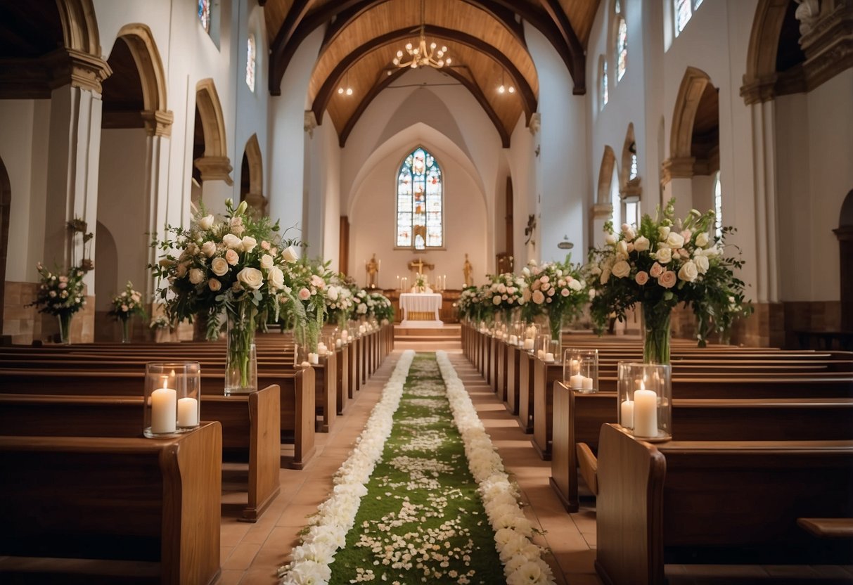 The church is adorned with elegant drapery and floral arrangements, creating a romantic and enchanting atmosphere for the wedding ceremony