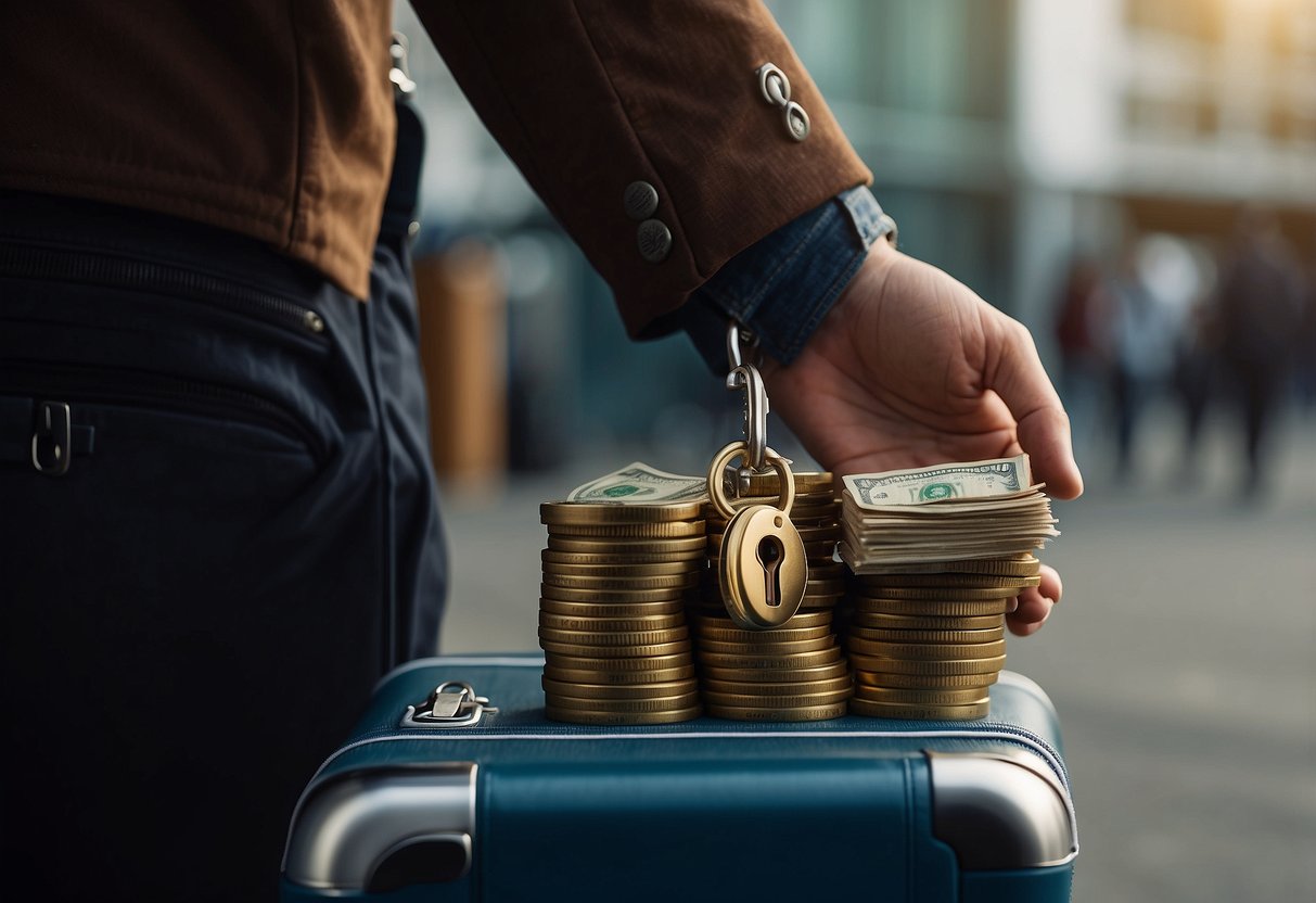 A person holding a key to a locked door, with a pile of money and a suitcase nearby, symbolizing financial independence and the ability to leave a marriage