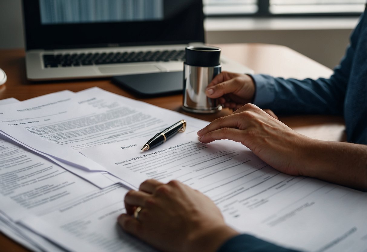 A person sitting at a desk, surrounded by legal documents and a computer, speaking with a representative from a non-profit organization about how to navigate divorce while financially dependent