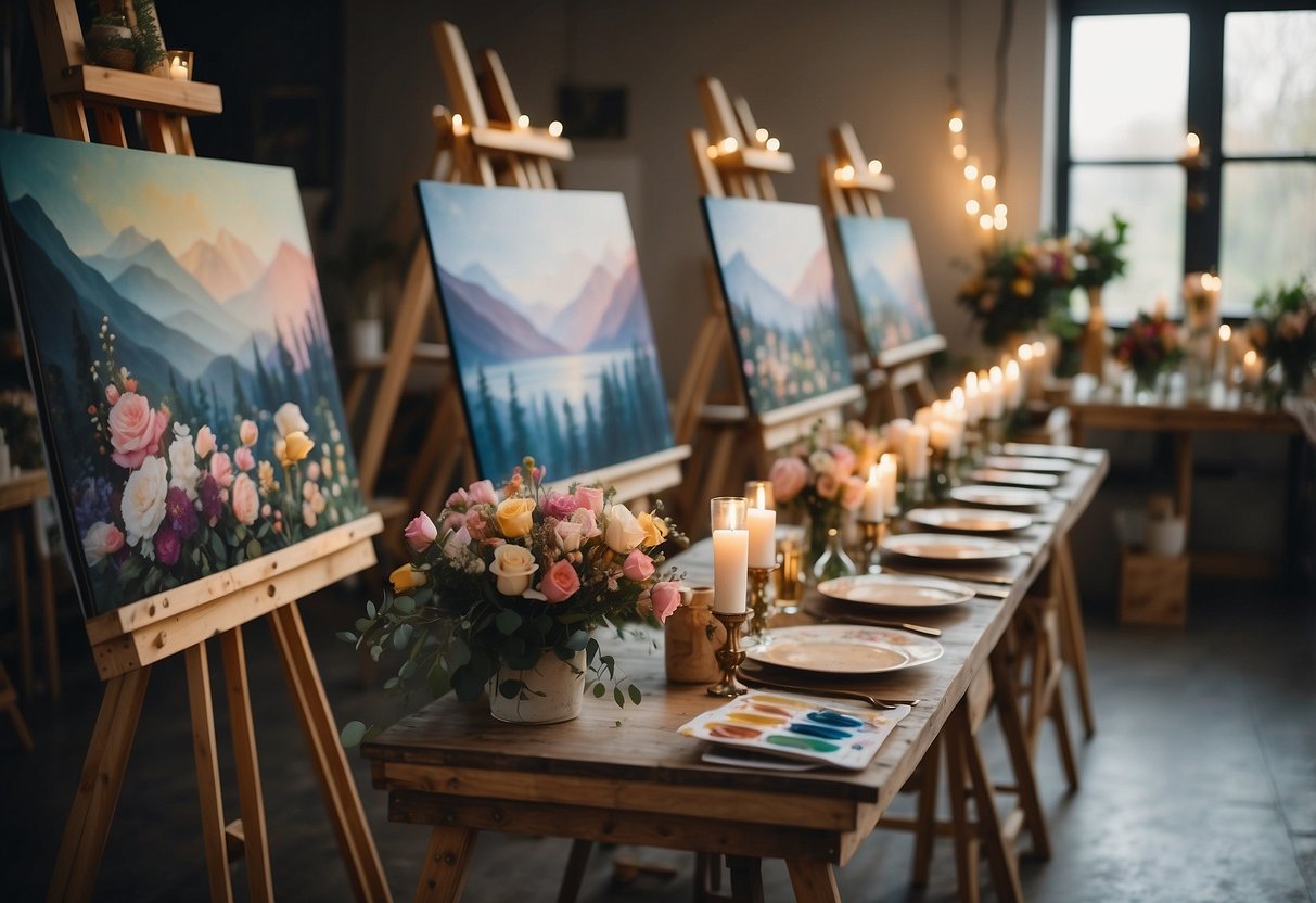 An art studio with easels, canvases, and paint palettes set up for a couples' painting class. Tables are adorned with flowers and candles, creating a romantic atmosphere for a 20th wedding anniversary celebration