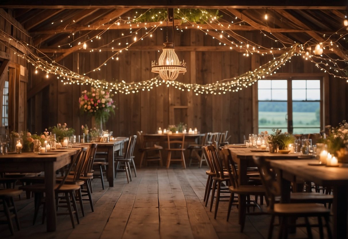 A rustic barn adorned with string lights, wildflowers, and wooden accents. A vintage chandelier hangs from the ceiling, casting a warm glow over the intimate setting