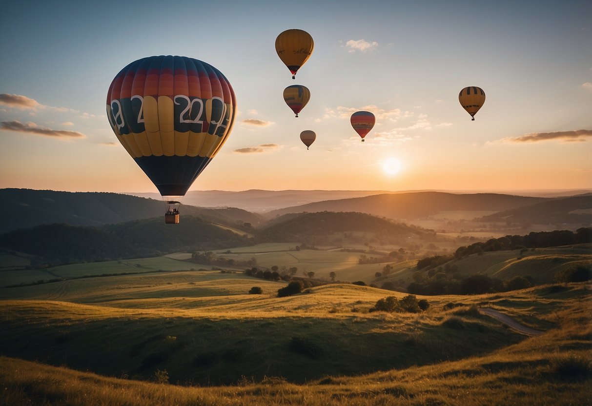 A colorful hot air balloon floats above a serene landscape, with a couple's names and "20th anniversary" written on the side