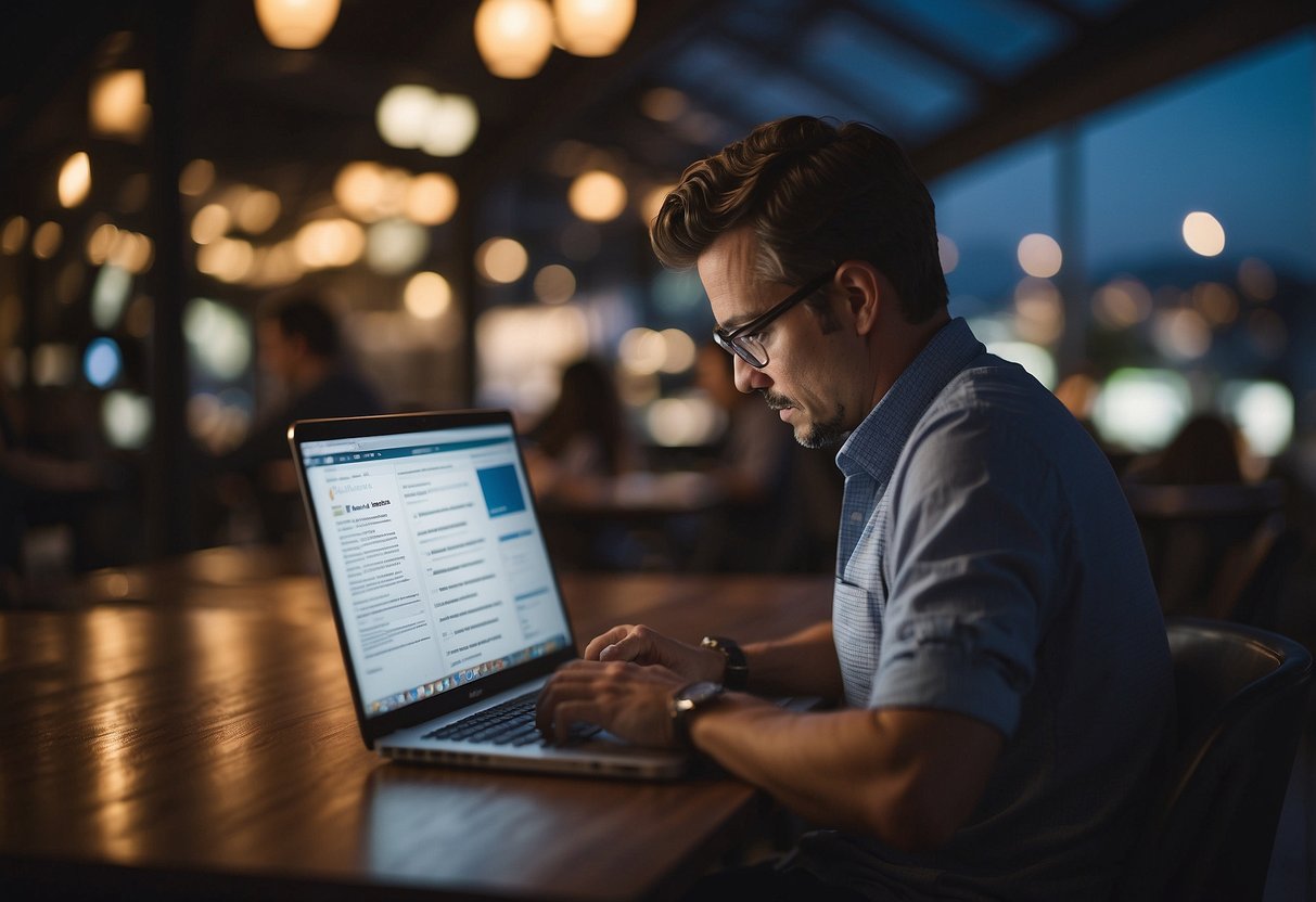 A person types on a laptop, searching for part-time work or freelancing opportunities to gain financial independence from their marriage