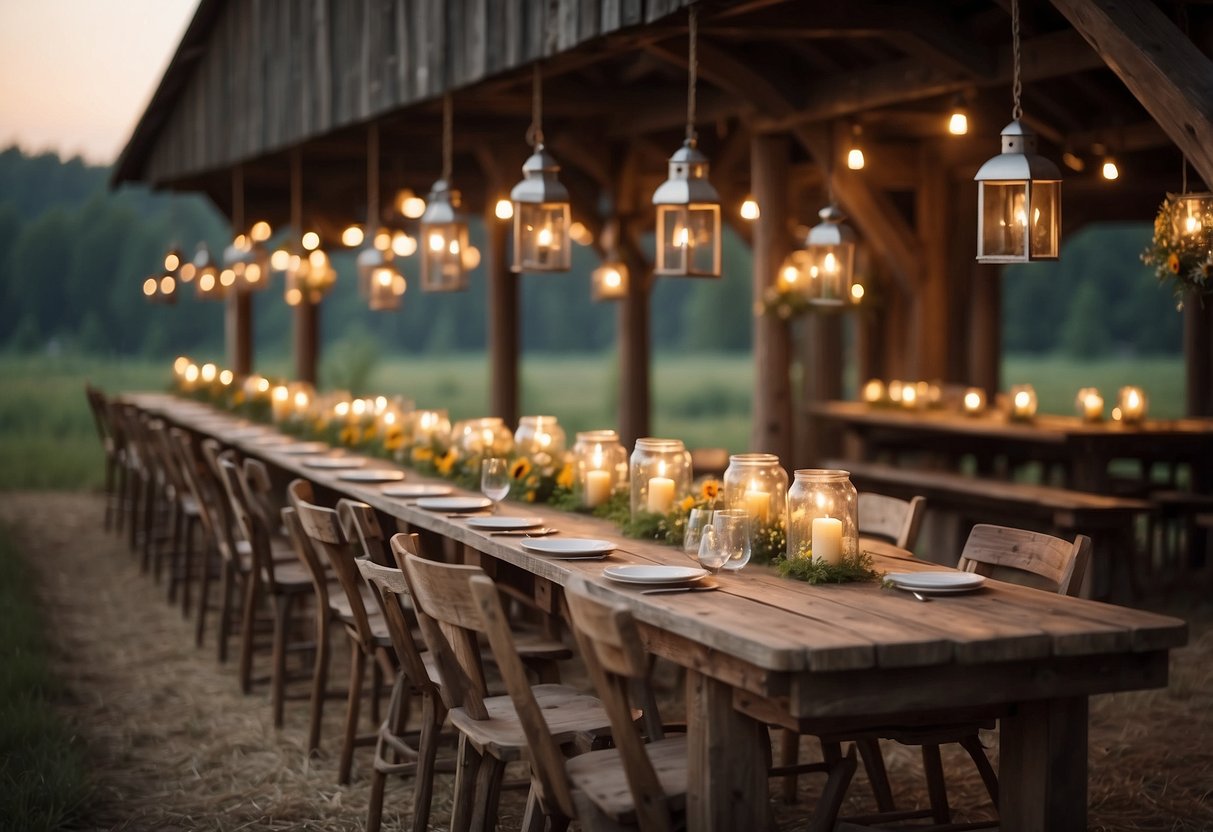 Rustic barn adorned with vintage lanterns, casting a warm glow over wooden tables and wildflower centerpieces